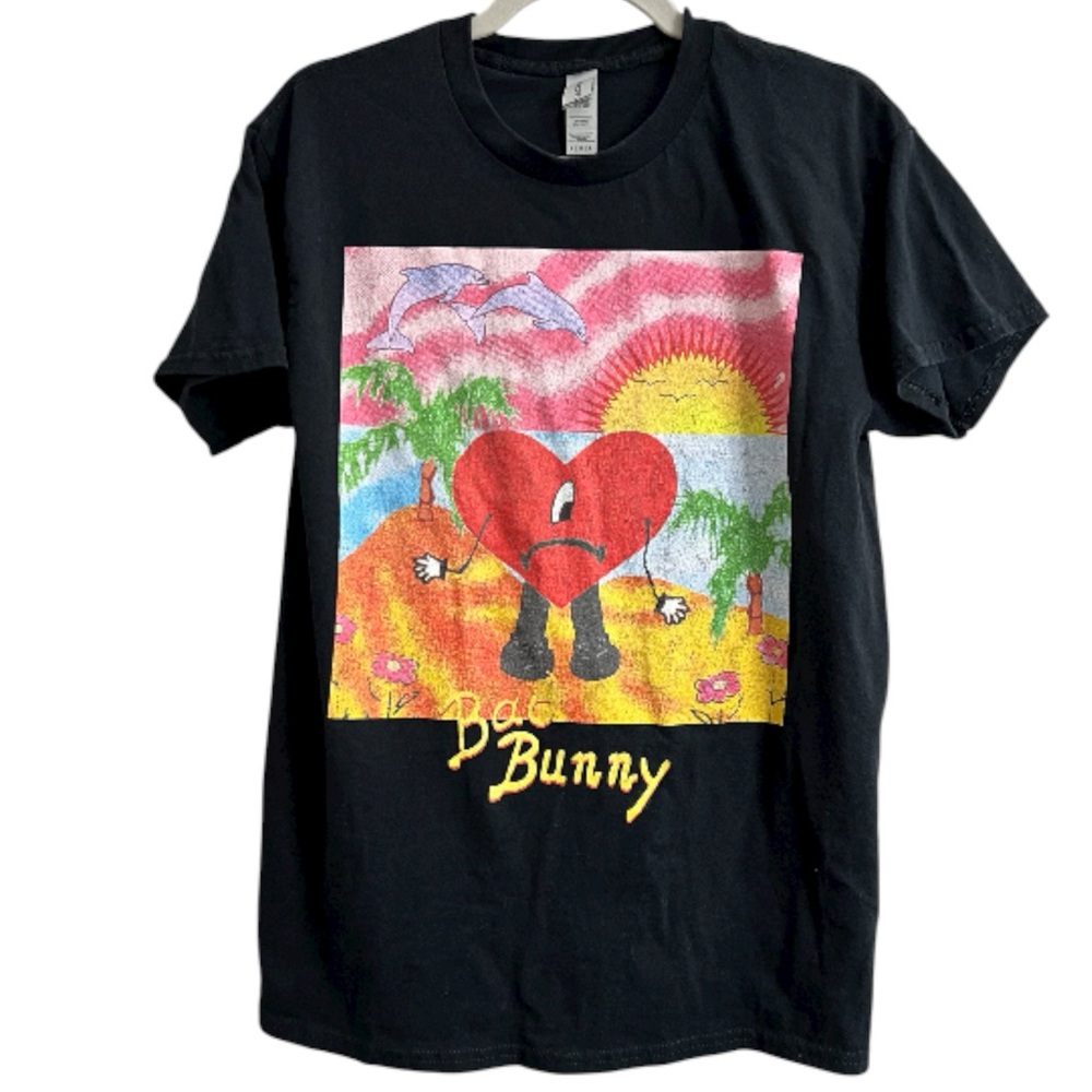 Bad Bunny Heart Band Black Graphic Tee on Gildan Tag